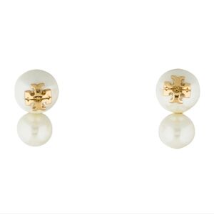 Tory Burch Gold Logo Double Pearl Drop Earrings - White Pearls
